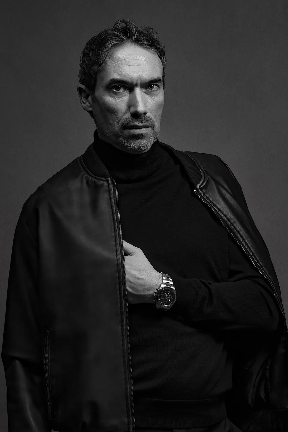 Kieron C, black and white, bomber jacket